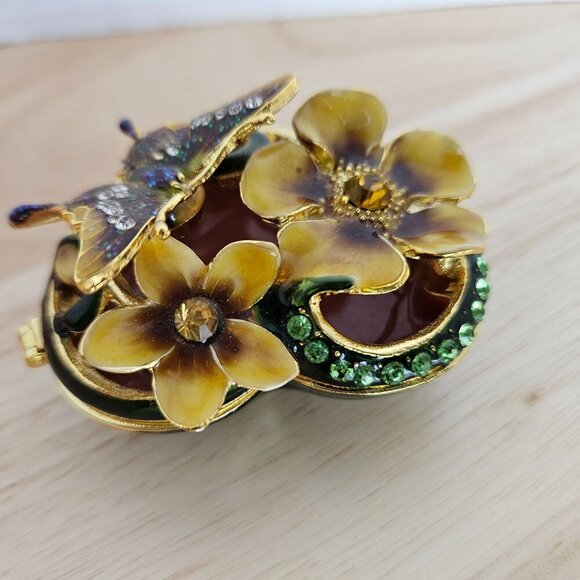 Enamel Heart Butterfly Flower Trinket Box With Rhinestones Hinged Lid Gold - Picture 5 of 8